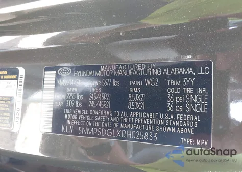 2024 Hyundai Santa Fe Calligraphy z USA, uszkodzony, nr VIN 5NMP5DGLXRH025833